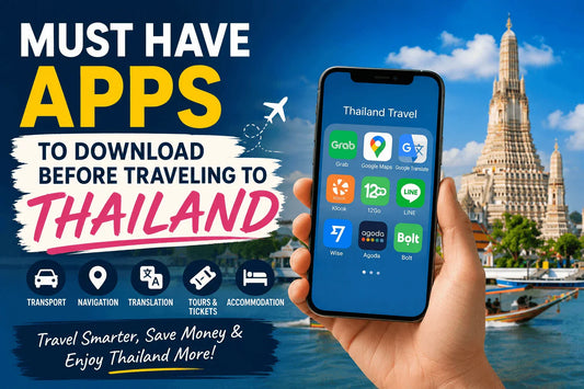 Smartphone displaying essential Thailand travel apps including Grab, Google Maps, Klook, LINE, Agoda, and Bolt, held in front of a famous Bangkok temple with bold text reading ‘Must Have Apps to Download Before Traveling to Thailand’